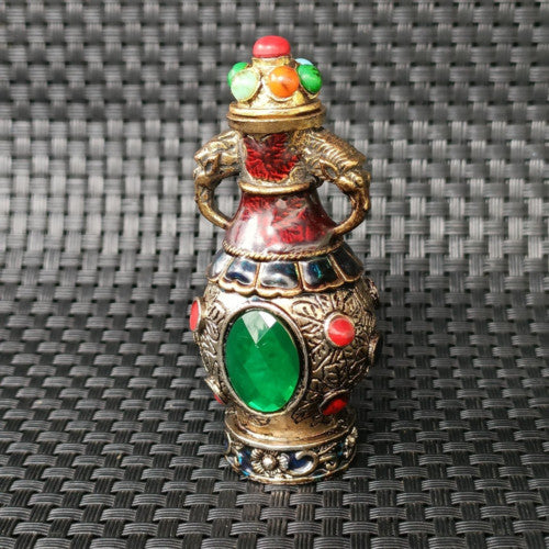 Ancient Chinese Silver and Green Faceted Gemstone Art Bottle