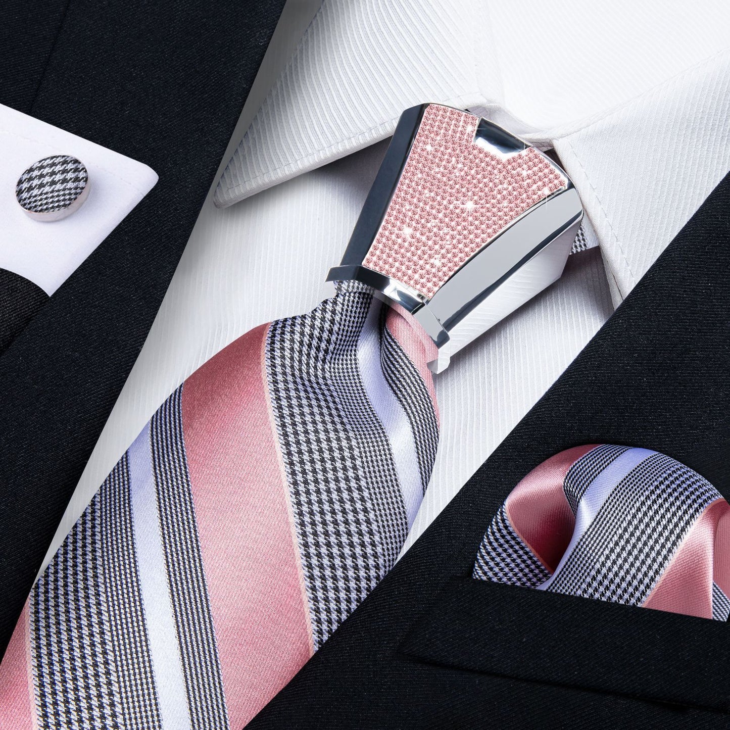 Men Necktie 3Pcs Luxury Striped Ties Cufflinks Pocket Square Wedding Accessories