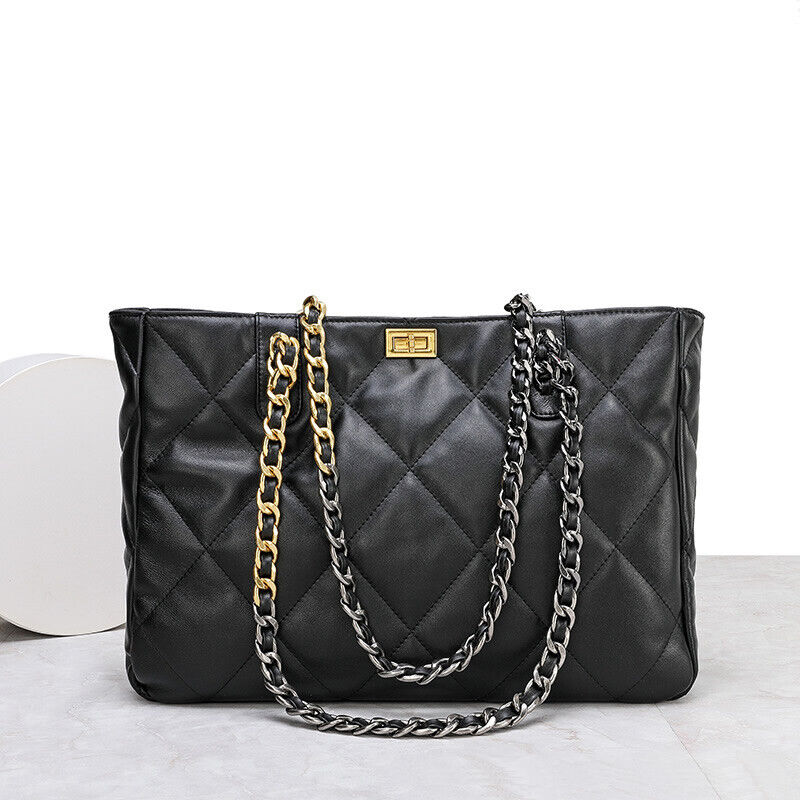 Quilted Sheepskin Leather Shoulder Bag Tote Handbag w/ Chains Purse Fashion