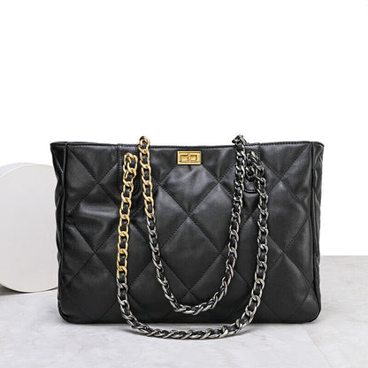 Quilted Sheepskin Leather Shoulder Bag Tote Handbag w/ Chains Purse Fashion