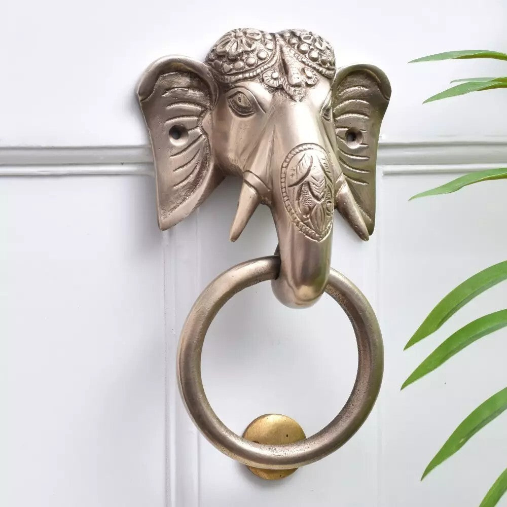 Antique Look Brass Elephant Head Door Knocker Bell Home Decor