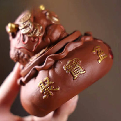 9.3cm Purple Clay Rotating Golden Toad Treasure Basin Tea Pet Handmade Statue