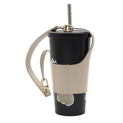 Leather Cup Cover Pouch Portable Water Bottle Sleeve Bag Leather Carrying Strap