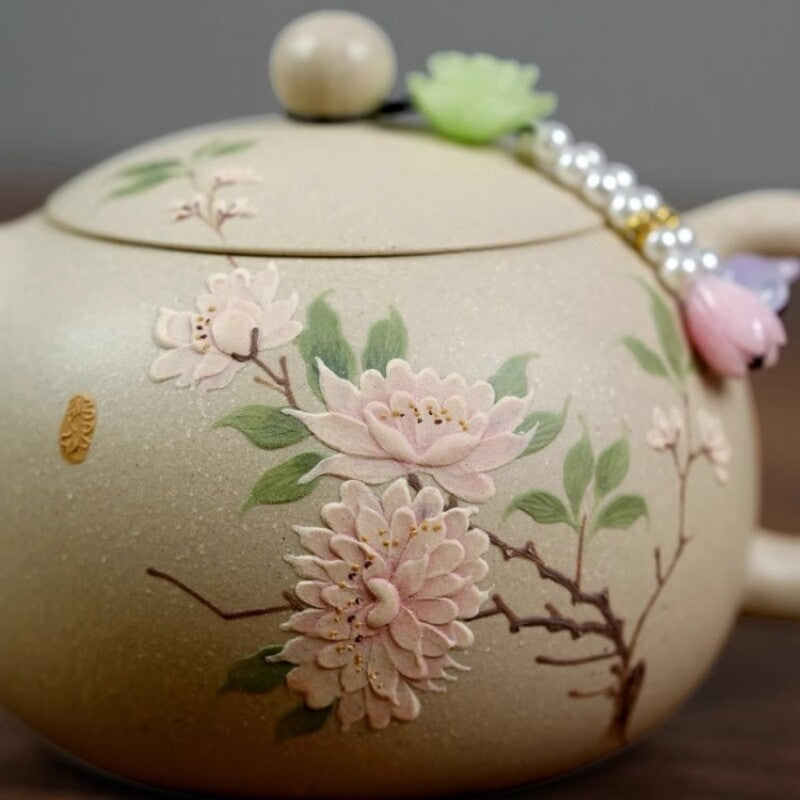 Full Handmade Tea Pot Marked Xishi Pot Peony Relief Carved Real Yixing Zisha New
