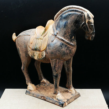 Chinese 8.2 Inch Tang Tri-Color Glazed Ceramics Black War Horse Porcelain Statue