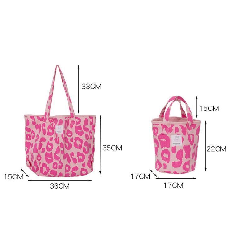 Pink Leopard Print Shoulder Bag Large Capacity Casual Cute Canvas Bucket Handbag