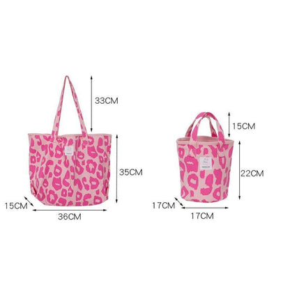 Pink Leopard Print Shoulder Bag Large Capacity Casual Cute Canvas Bucket Handbag