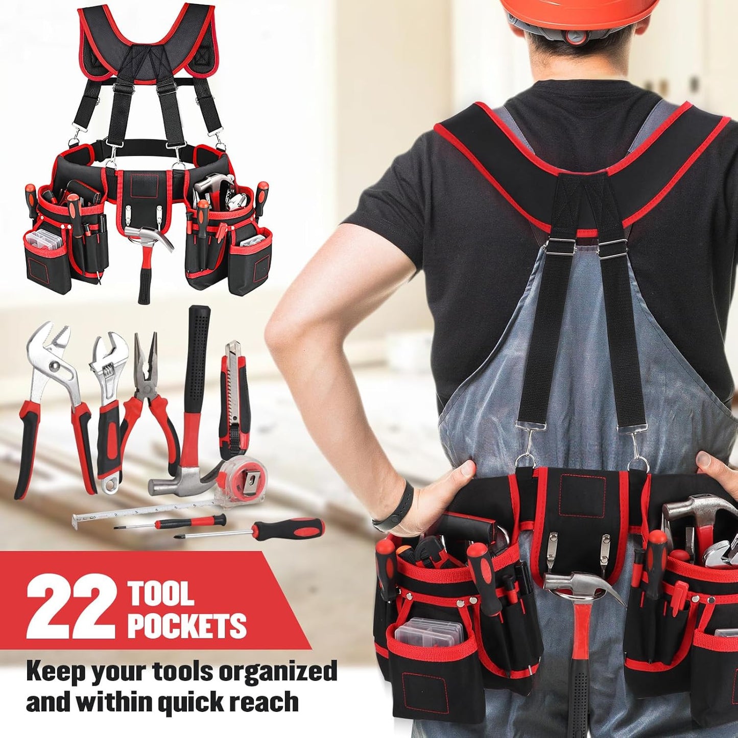Tool Belt, Professional Tool Belts with Suspenders, Magnetic Tool Pouch for Men,