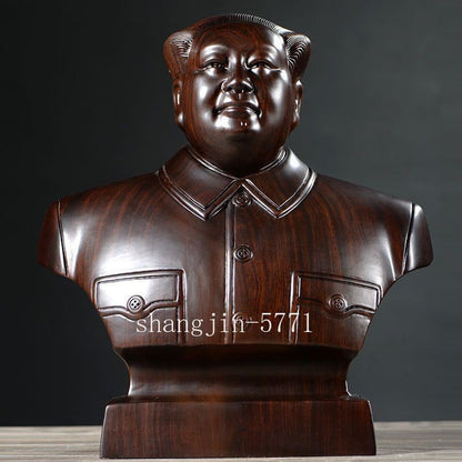 10" Solid Ebony Wood Carved Mao Zedong Bust Statue Chairman Mao Figurine