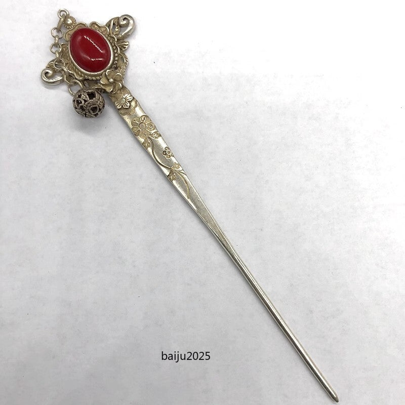 Red Jade Inlaid Old Tibetan Silver Hairpin,Chinese Old Craft Made