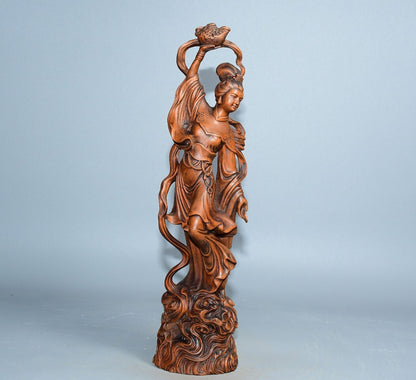 Chinese Wood Carving Beautiful Woman Fairy Boxwood Wooden Statue Vintage Carved