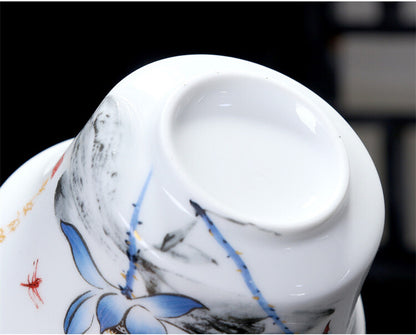 China Gaiwan Porcelain Handpainted Under Glaze Ceramic Tea Cup Bowl Saucer Lid