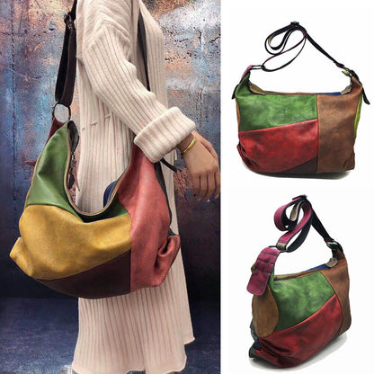 Vintage Patch Ruched Brushed Real Leather Hobo Shoulder Bag Crossbody Purse