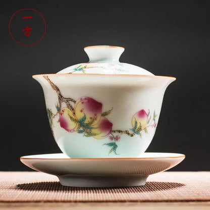 Chinese Gaiwan Ceramic Tea Bowl with Saucer, Handmade Hand-painted Tea Set