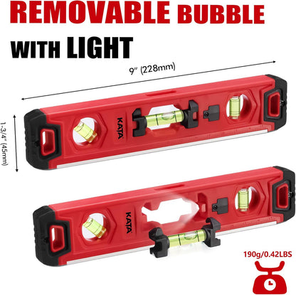 Torpedo Level Magnetic with Light: 9 Inch Shockproof Small Leveler Tool with Rul