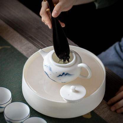 Chinese Tea Set Fat Mutton Jade Porcelain Tea Pot Cup Handpainted Tea Tray New