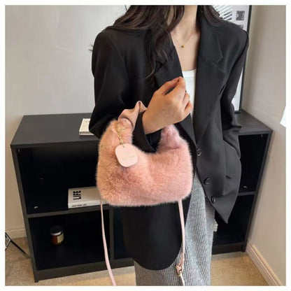 Faux Fur Handbag Zipper Small Shoulder Crossbody Bag Casual Tote Half-Moon Hobos
