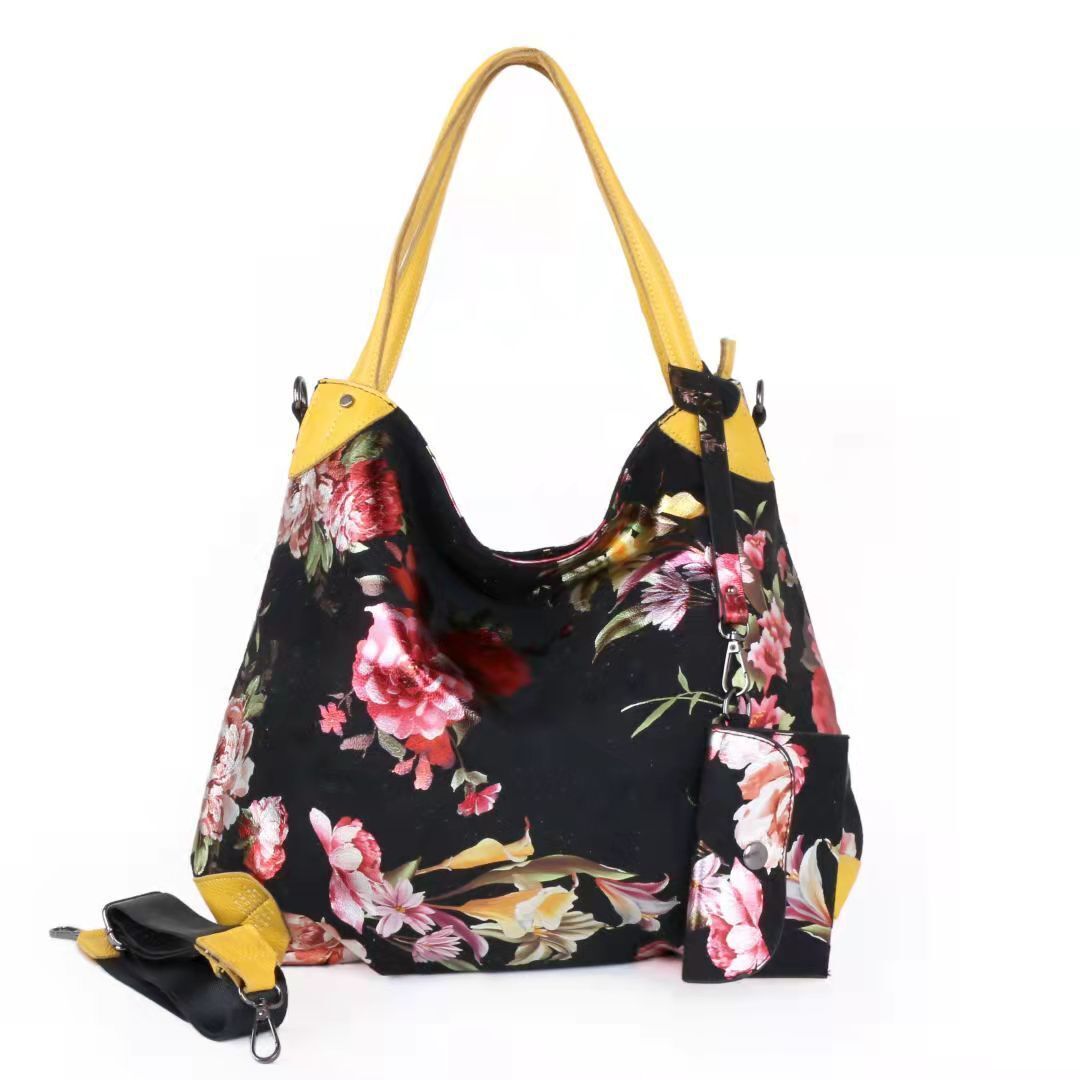 Real Leather Canvas Fashion Bags Flower Printing Leisure Stylish Handbags Purses