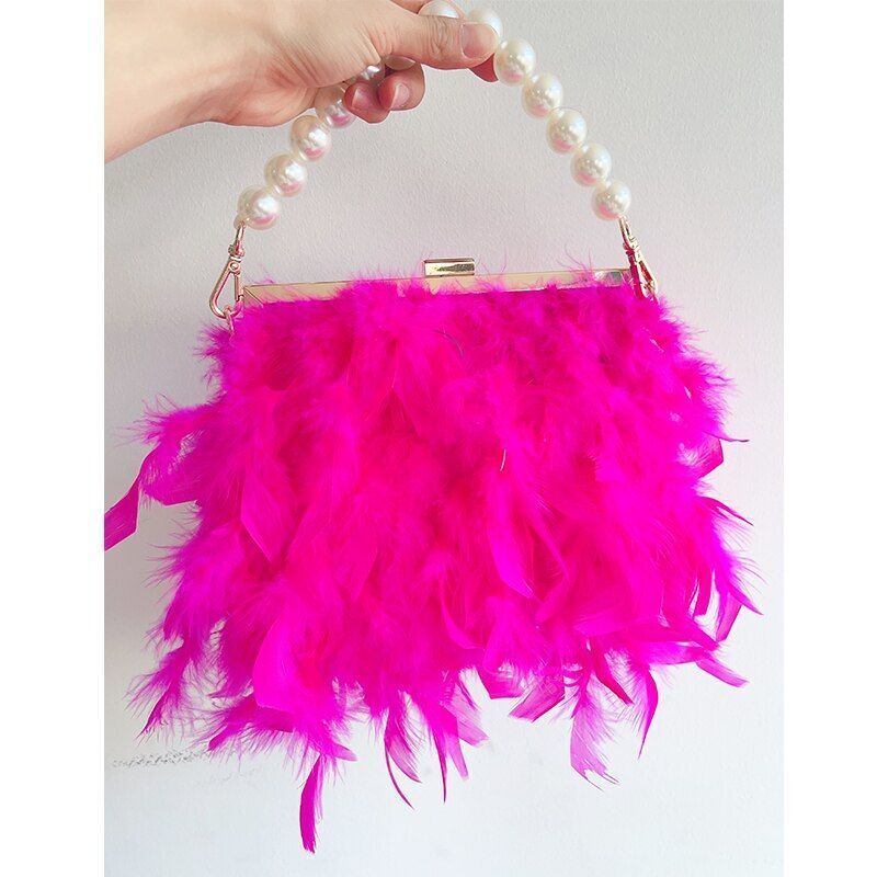Luxury Real Feather Purse Handbag Clutch Shoulder Bags Pearl Chain 20*5*18 CM