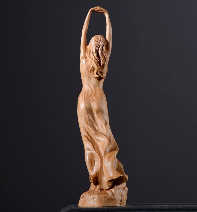 9" Cypress Wood Hand Carved Girl Statue Beauty Figurine Model Body Decor