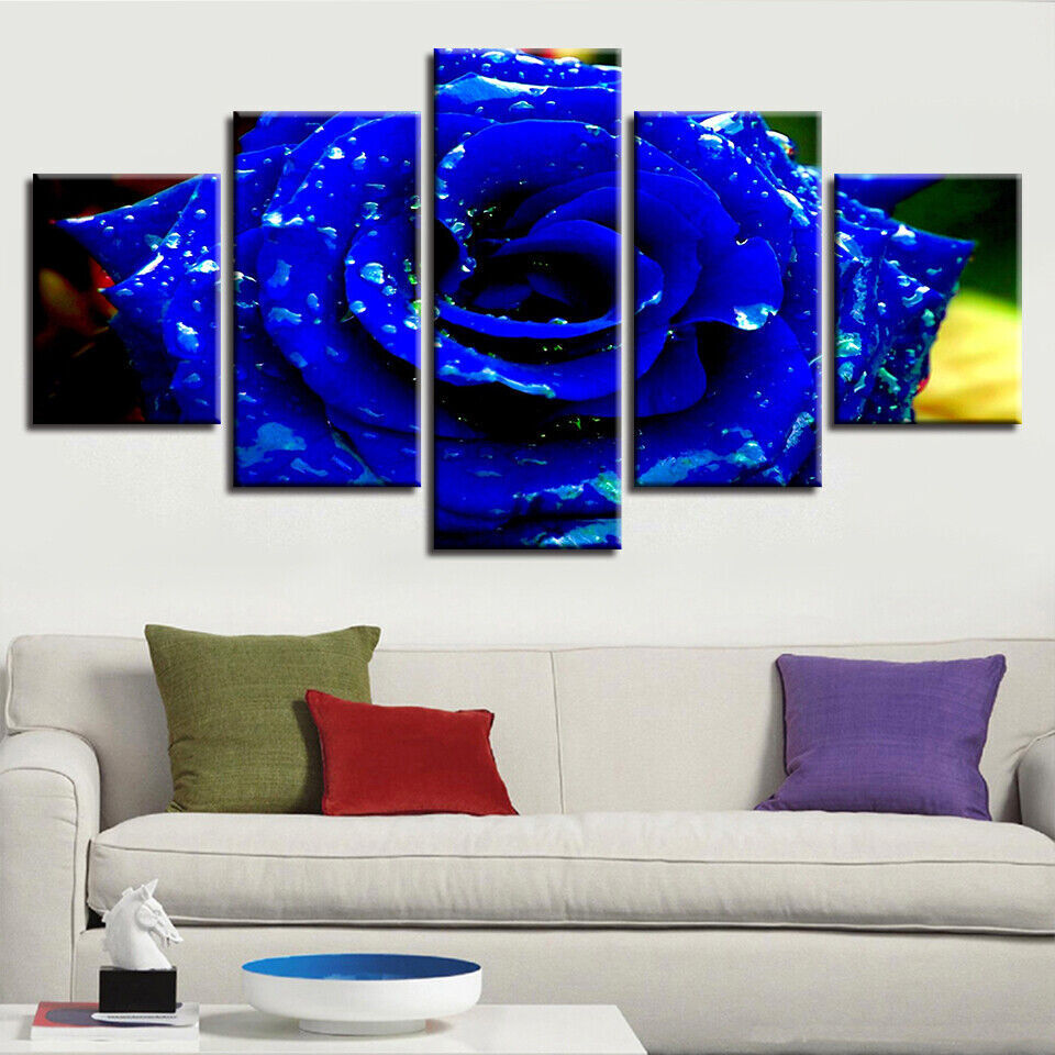 Blue Fresh Rose Flower Canvas Prints Painting Wall Art Home Decor Picture 5PCS
