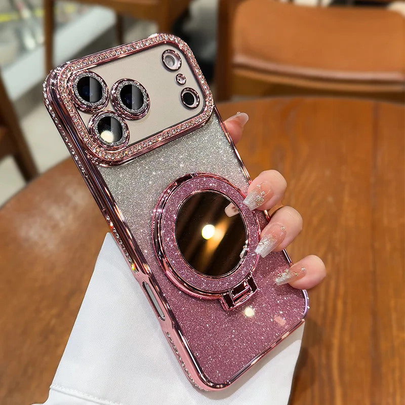 IPhone17 Magnetic Glitter Mobile Phone Case Rhinestone Mirror Invisible Bracket