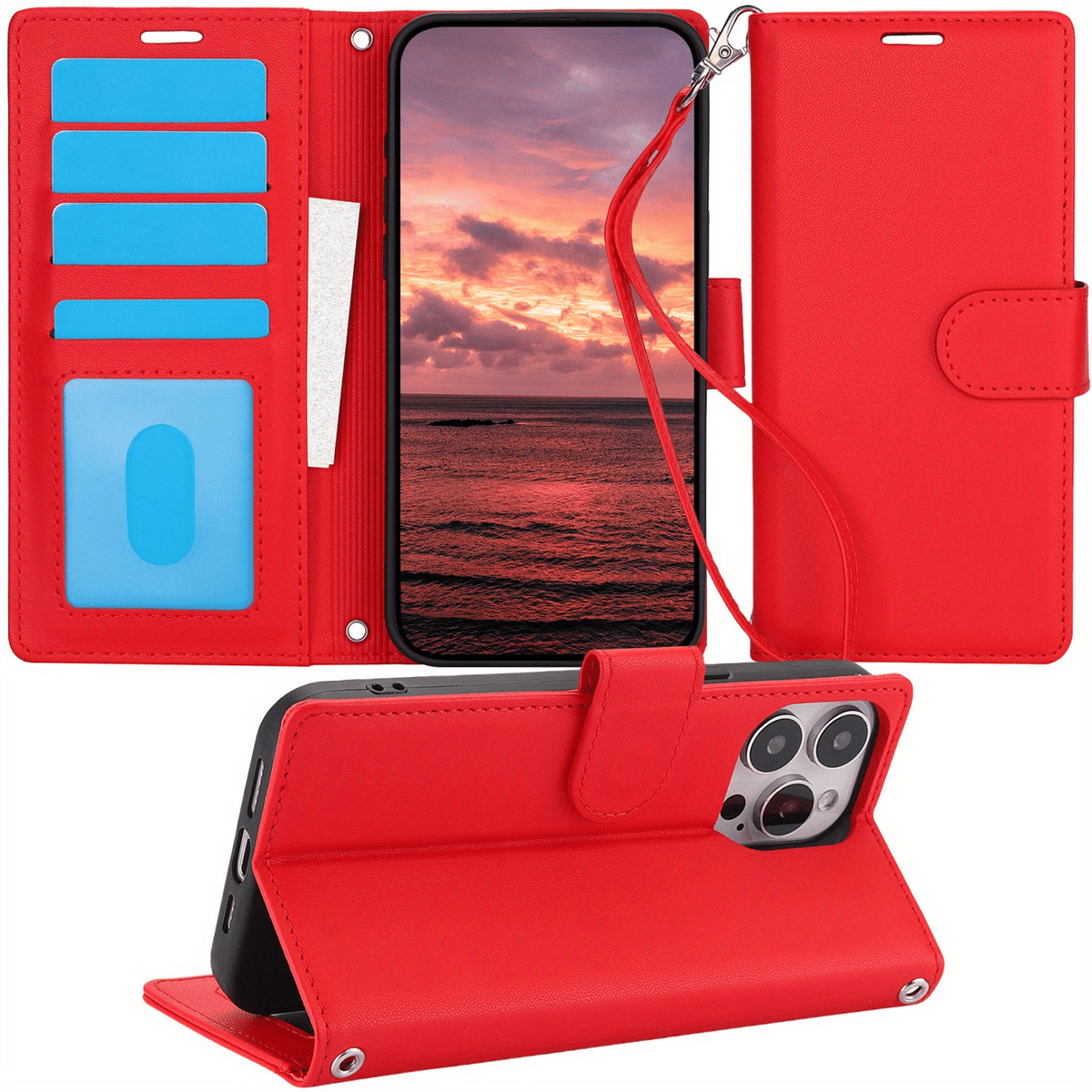 For iPhone 16/15/14/13/12/11 Pro Max Case Card Holder Wrist Strap Wallet Cover
