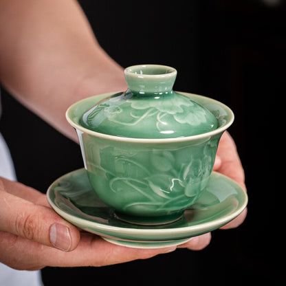boutique gaiwan longquan celadon porcelain tureen shadow carved Sancai bowl lid