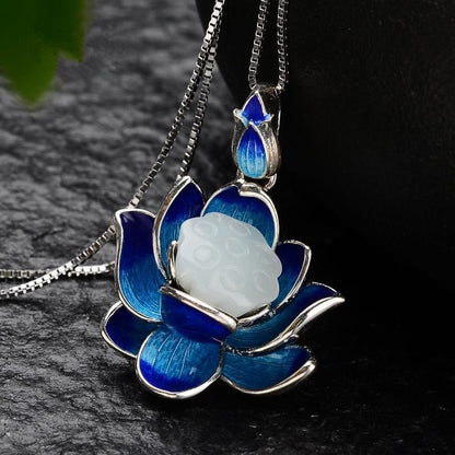 Cloisonne Hetian Jade Lotus Pendant Vintage Necklace Women Gift