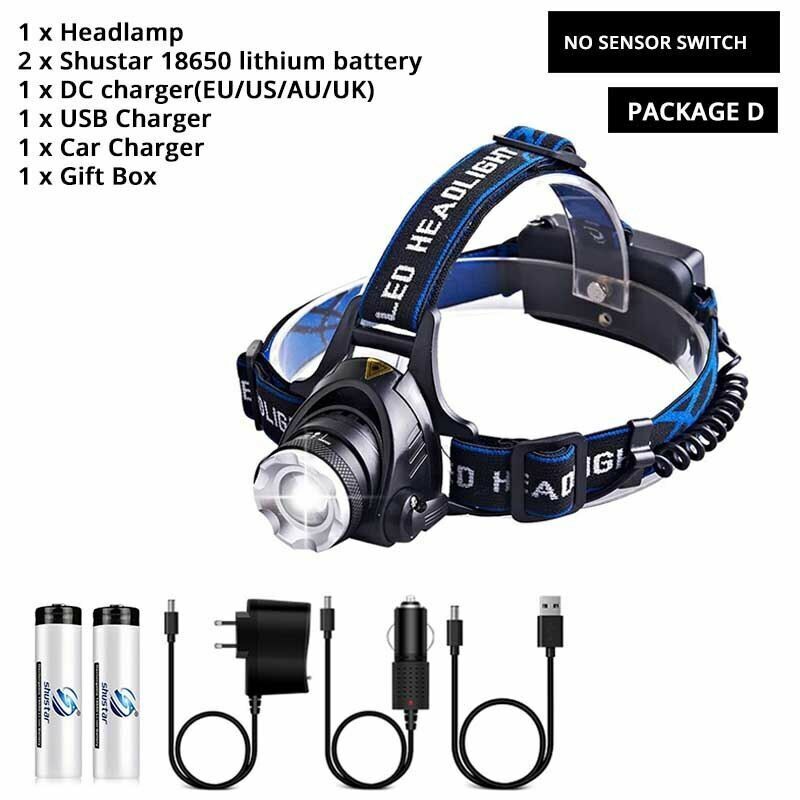 LED Headlamp Super Bright Sensor Zoomable Fishing Lamp Lighting 18650 Batteries