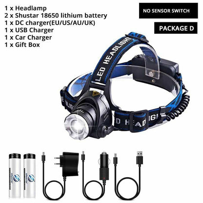 LED Headlamp Super Bright Sensor Zoomable Fishing Lamp Lighting 18650 Batteries