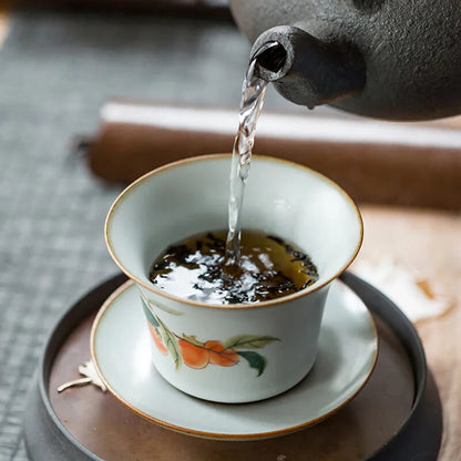 170ml Chinese Retro Ru Kiln Tea Tureen Bowl Handmade Flower Bird Ceramic Teacup