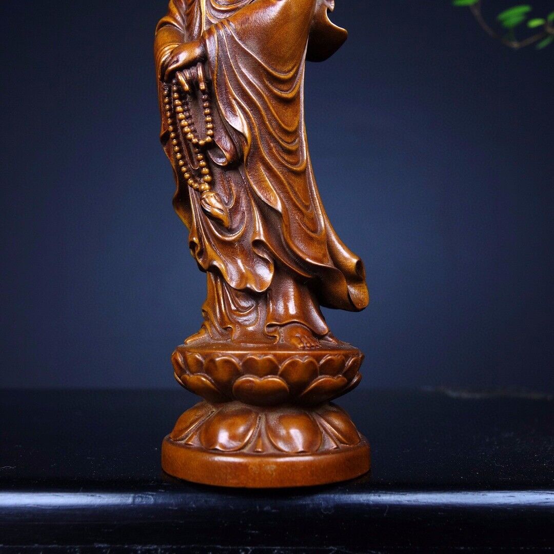 Old Chinese Boxwood Wood hand Carved lotus Guanyin Buddha exquisite Statue