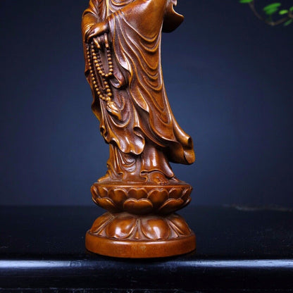 Old Chinese Boxwood Wood hand Carved lotus Guanyin Buddha exquisite Statue