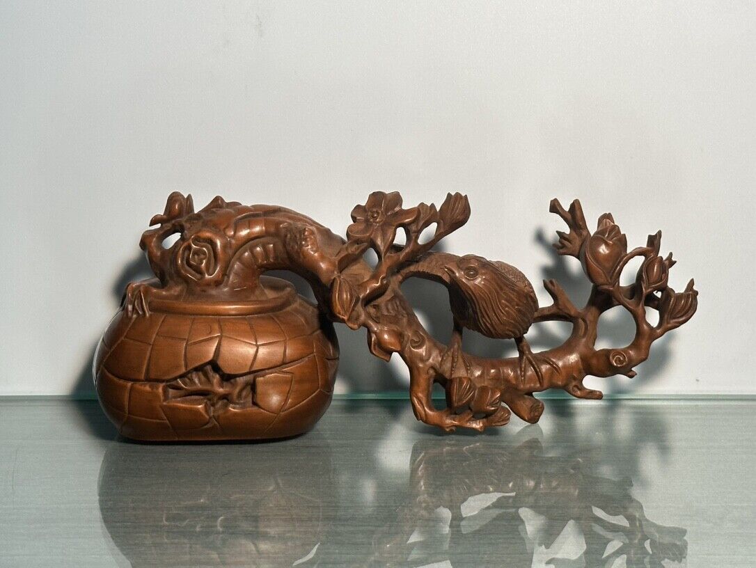 Chinese Natural Boxwood Carving Flower Bird Statue Woodwork Sculpture Decoration