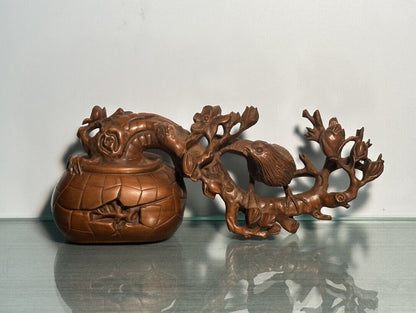 Chinese Natural Boxwood Carving Flower Bird Statue Woodwork Sculpture Decoration