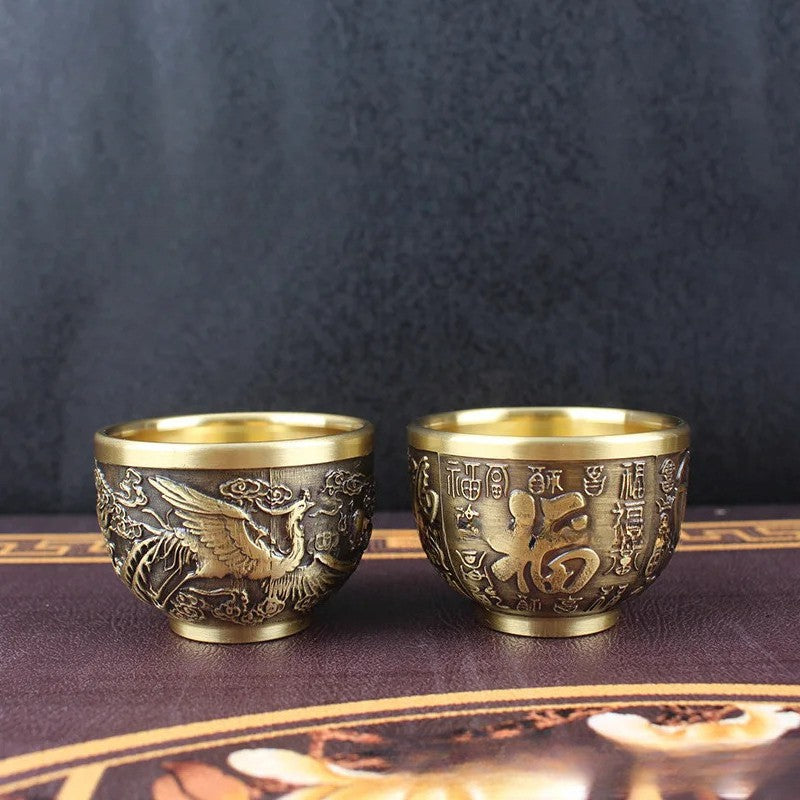 Brass Retro Baifu Dragon-Phoenix Cup Rice Jar Office Home Desktop Decoration