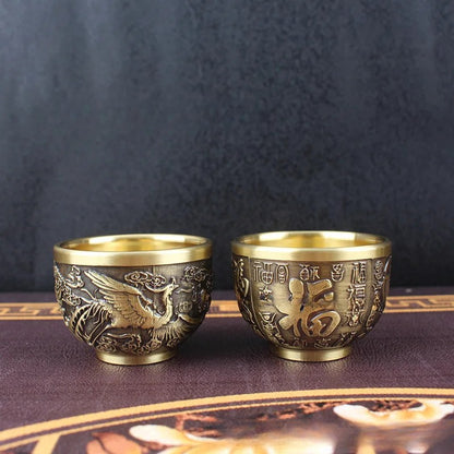 Brass Retro Baifu Dragon-Phoenix Cup Rice Jar Office Home Desktop Decoration