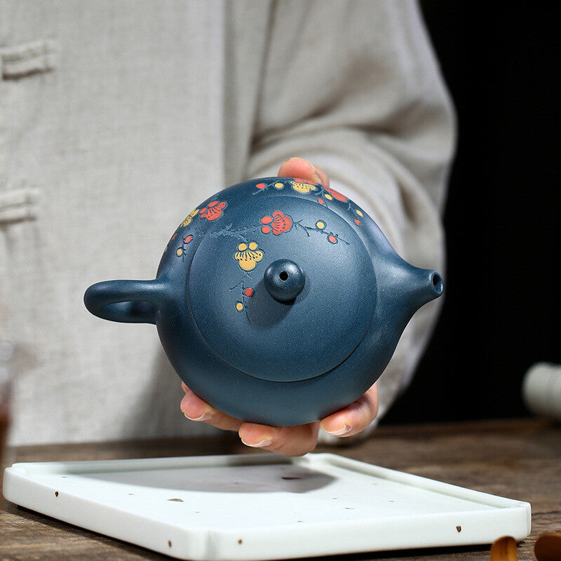 Chinese Yixing Zisha Pottery Celeste Clay 200ML Plum Blossom Flat Xishi Teapot