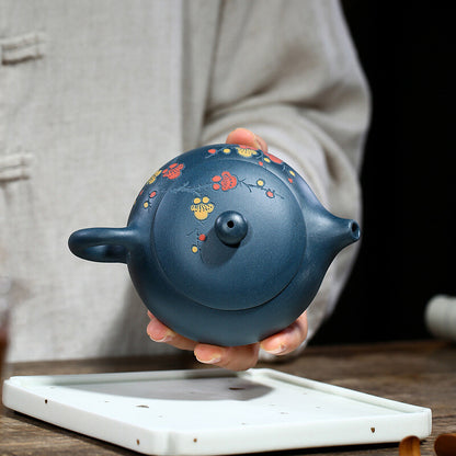 Chinese Yixing Zisha Pottery Celeste Clay 200ML Plum Blossom Flat Xishi Teapot