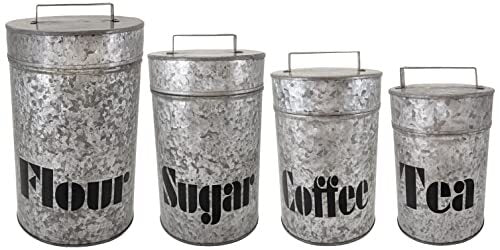 4 Set Galvanized Metal Kitchen Storage Canisters w\ Lids-Labeled w\ diff labels