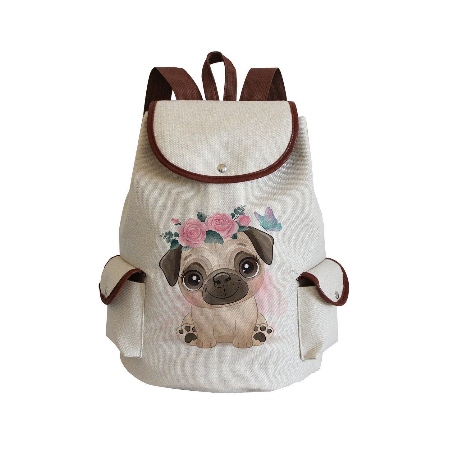 Dog Paw Print Backpack Drawstring Bags Linen Students Portable Cute Pug Printed