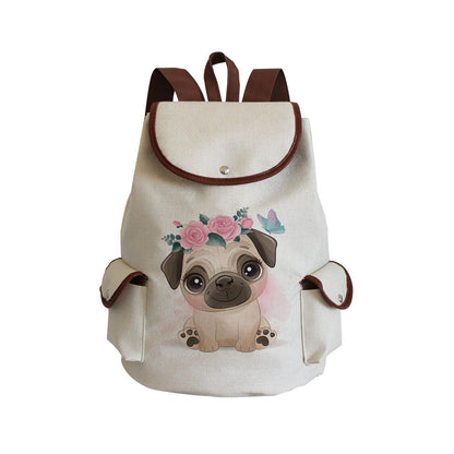 Dog Paw Print Backpack Drawstring Bags Linen Students Portable Cute Pug Printed