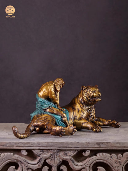 Brass Tiger Subduing Arhat Statue Artwork Zen Collection Home Decor Ornament