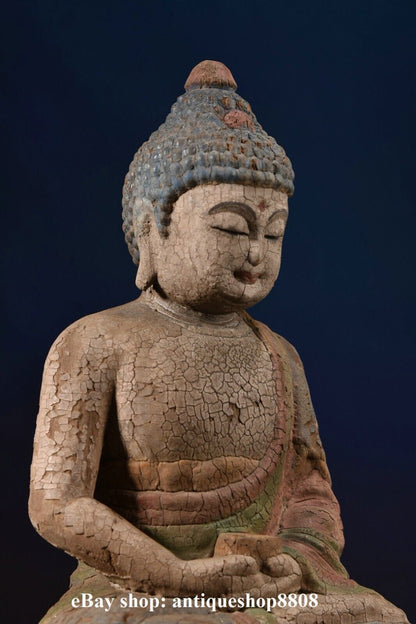 10" Tibet Buddhism Wood Carved Shakyamuni Amitabha Buddha Sakyamuni Statue
