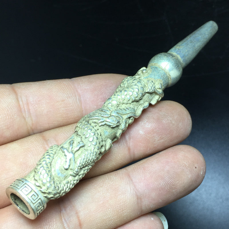 Tibetan Silver copper Dragon Head pipe Smoking Tool Statue Sacred Tobacco rod