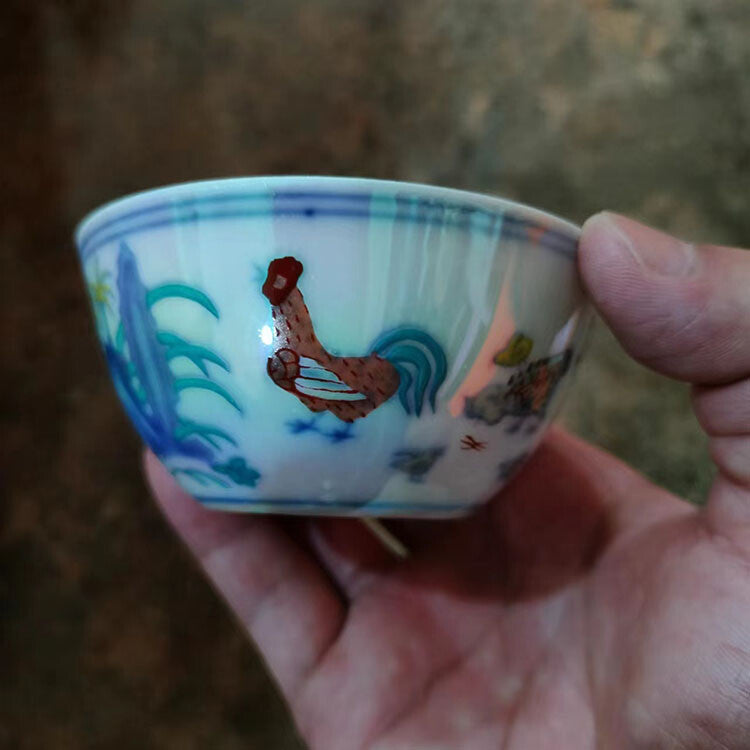 3.1" Chinese Ming Doucai Contrasting Colors Porcelain Colorful Glaze Chicken Cup