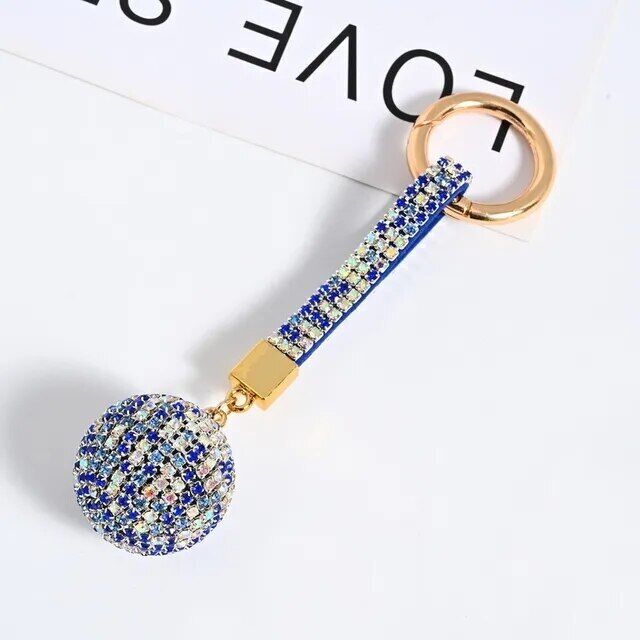 Rhinestone Ball Leather Strap Key Chain Pendant Charm Crystal Purse Bag Car Ring