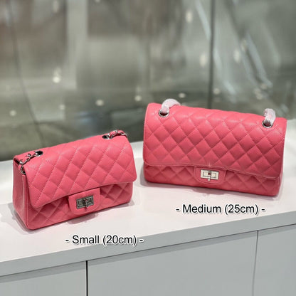 Quilted Real Leather Caviar Effect Double Flap Shoulder bag Handbag Purse Chains