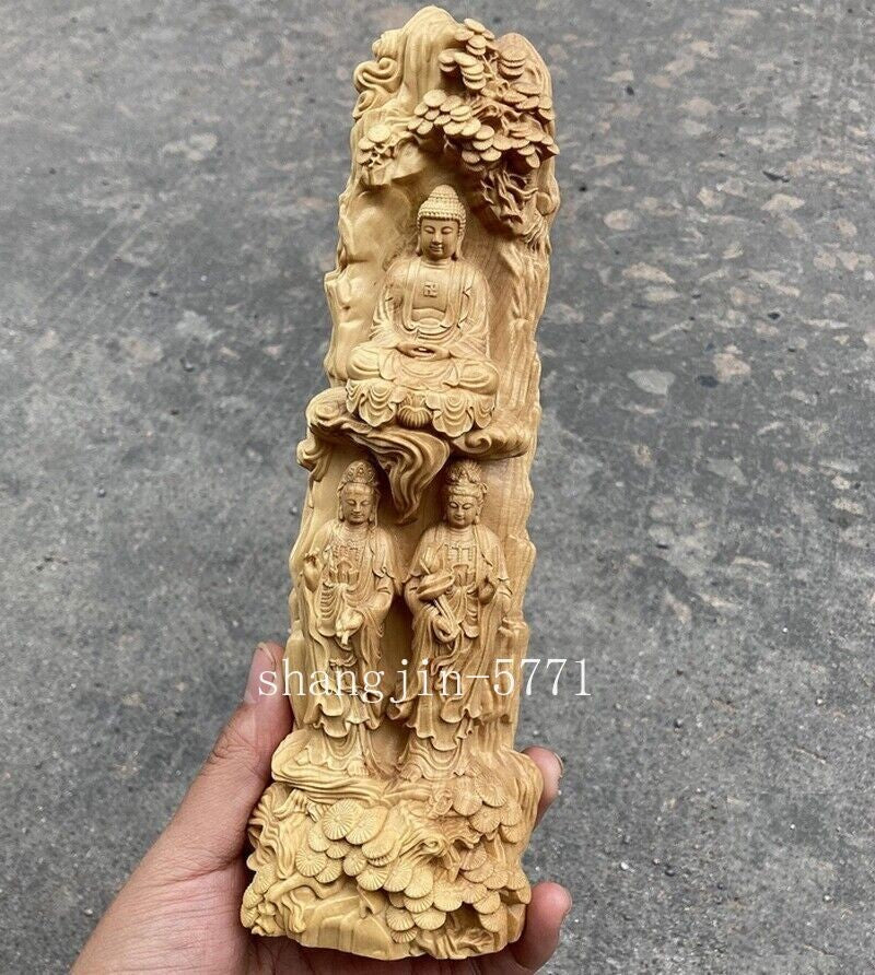 9" Natural Boxwood Carved Three Holy Buddha Statue Boddhisattva Figures